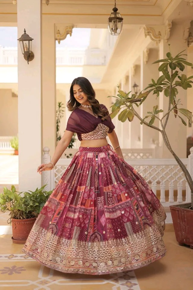 Russian Silk Wine Lehenga Choli Set: Foil Print, Can-Can Flair - Crater Brown, XL