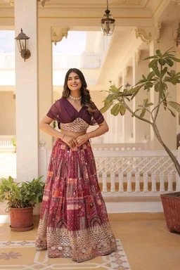 Russian Silk Wine Lehenga Choli Set: Foil Print, Can-Can Flair - Crater Brown, XL