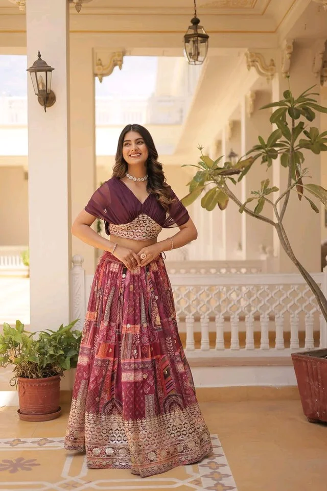 Russian Silk Wine Lehenga Choli Set: Foil Print, Can-Can Flair - Crater Brown, XL