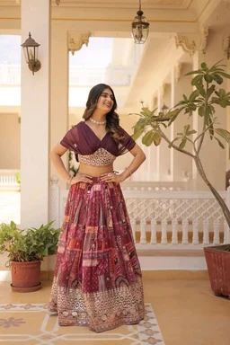 Russian Silk Wine Lehenga Choli Set: Foil Print, Can-Can Flair - Crater Brown, XXL