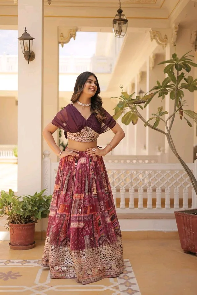 Russian Silk Wine Lehenga Choli Set: Foil Print, Can-Can Flair - Crater Brown, XXL
