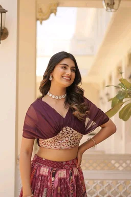 Russian Silk Wine Lehenga Choli Set: Foil Print, Can-Can Flair - Crater Brown, XXL
