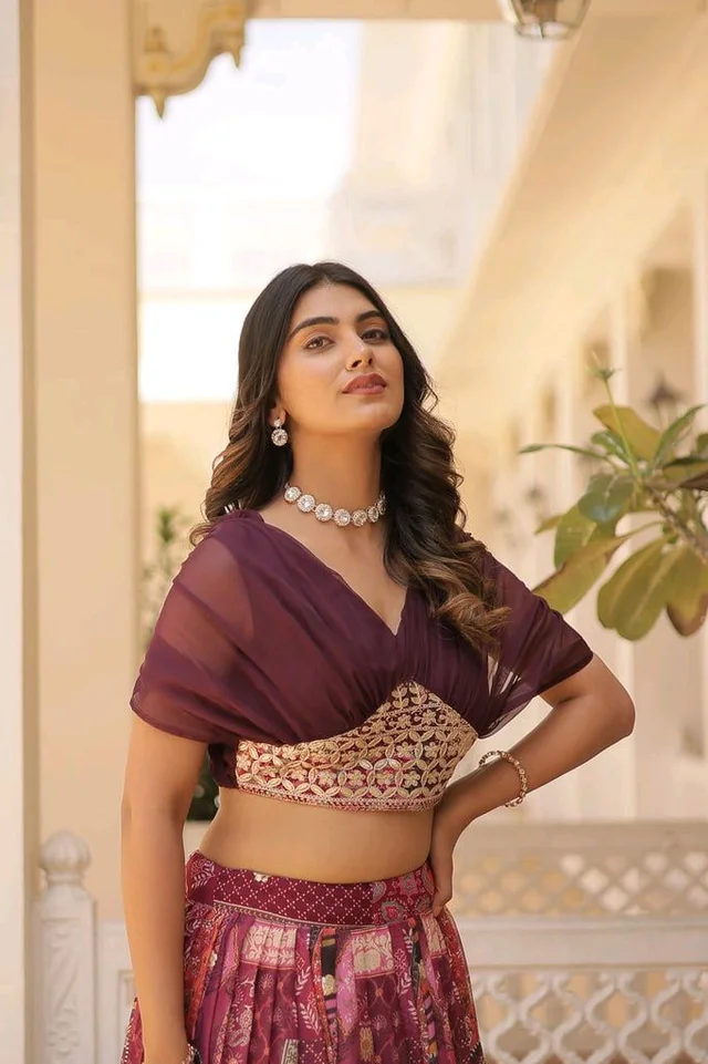 Russian Silk Wine Lehenga Choli Set: Foil Print, Can-Can Flair - Crater Brown, XXL