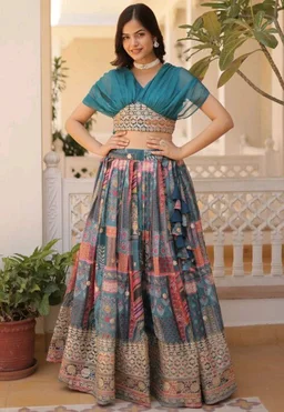 Russian Silk Wine Lehenga Choli Set: Foil Print, Can-Can Flair - Astral, XL