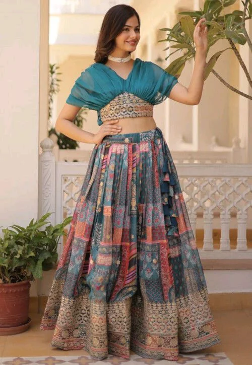 Russian Silk Wine Lehenga Choli Set: Foil Print, Can-Can Flair - Astral, XL