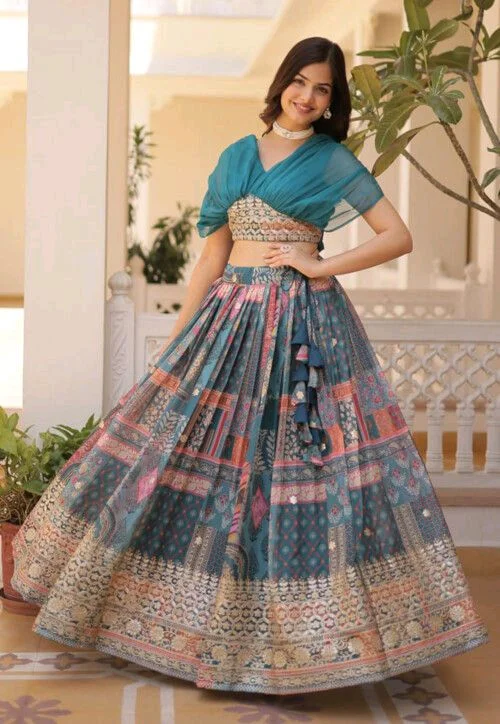 Russian Silk Wine Lehenga Choli Set: Foil Print, Can-Can Flair - Astral, XL