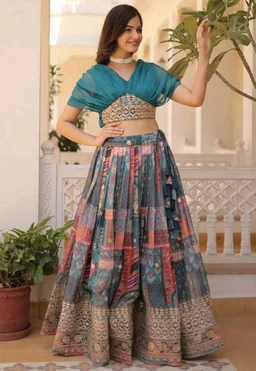 Russian Silk Wine Lehenga Choli Set: Foil Print, Can-Can Flair - Astral, XXL