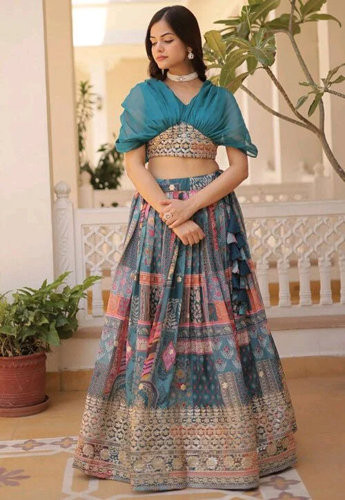 Russian Silk Wine Lehenga Choli Set: Foil Print, Can-Can Flair - Astral, Free Size