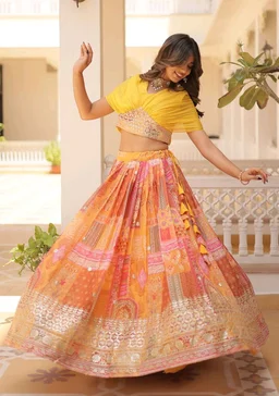 Russian Silk Wine Lehenga Choli Set: Foil Print, Can-Can Flair - Saffron Mango, XL
