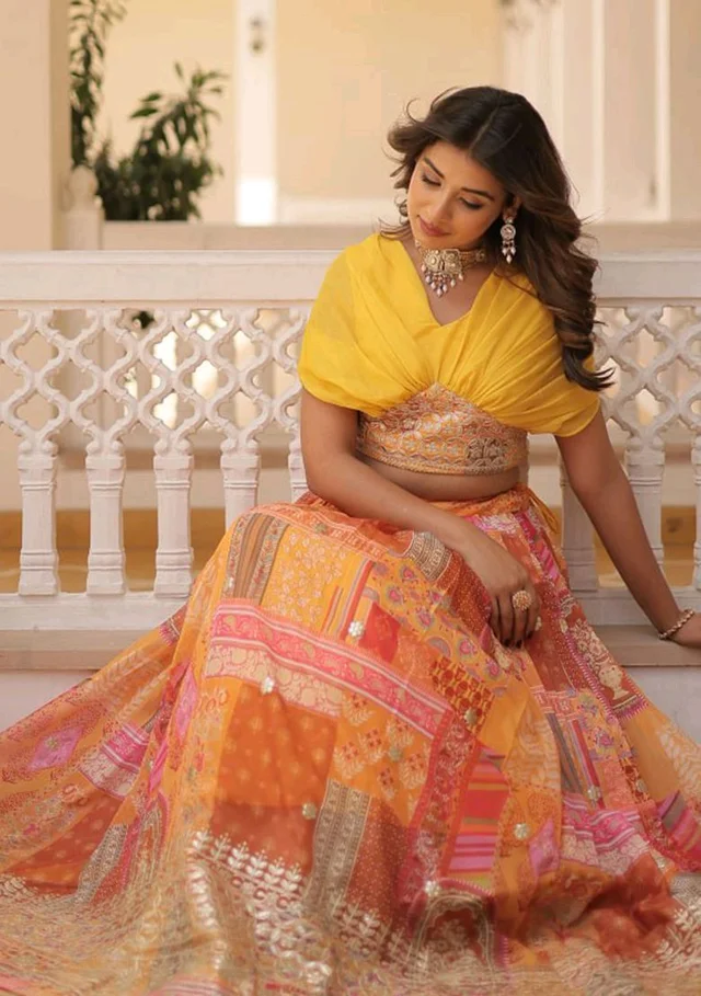 Russian Silk Wine Lehenga Choli Set: Foil Print, Can-Can Flair - Saffron Mango, XL