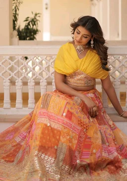Russian Silk Wine Lehenga Choli Set: Foil Print, Can-Can Flair - Saffron Mango, XL