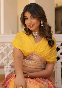 Russian Silk Wine Lehenga Choli Set: Foil Print, Can-Can Flair - Saffron Mango, XL