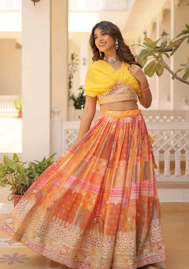 Russian Silk Wine Lehenga Choli Set: Foil Print, Can-Can Flair - Saffron Mango, XXL
