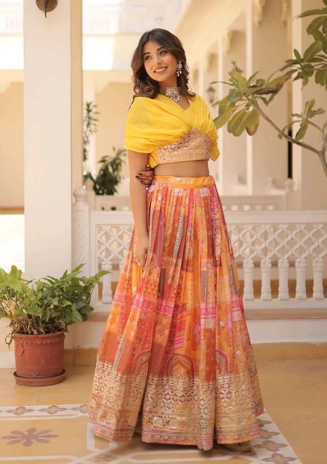 Russian Silk Wine Lehenga Choli Set: Foil Print, Can-Can Flair - Saffron Mango, XXL