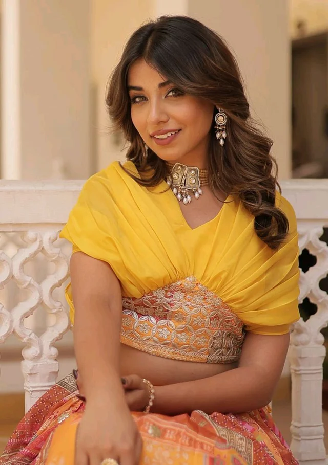 Russian Silk Wine Lehenga Choli Set: Foil Print, Can-Can Flair - Saffron Mango, XXL