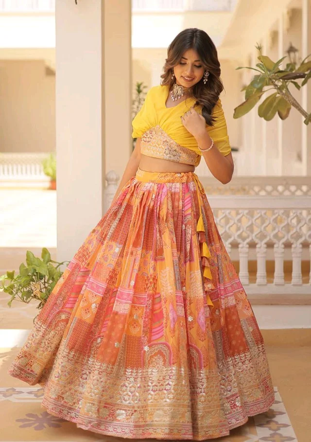 Russian Silk Wine Lehenga Choli Set: Foil Print, Can-Can Flair - Saffron Mango, Free Size