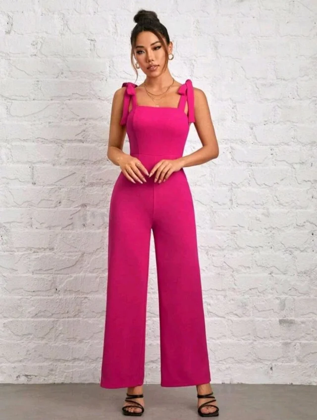 Womens Jumpsuit Tie Shoulder Wide Leg Cami Jumpsuit Zipper High Waist Casual Romper
- Pink, L