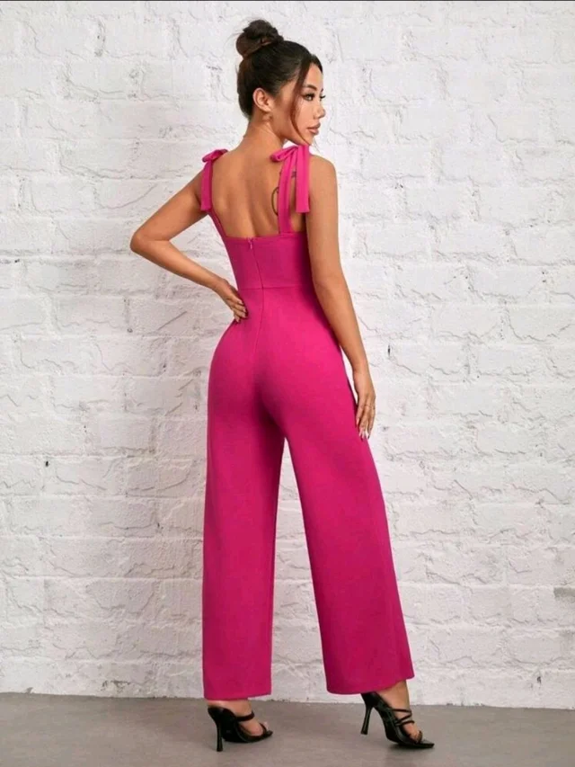 Womens Jumpsuit Tie Shoulder Wide Leg Cami Jumpsuit Zipper High Waist Casual Romper
- Pink, L