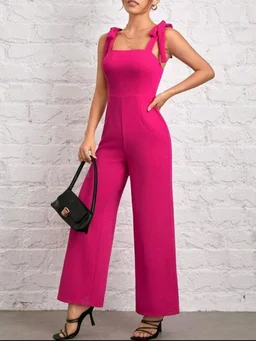 Womens Jumpsuit Tie Shoulder Wide Leg Cami Jumpsuit Zipper High Waist Casual Romper
- Pink, L