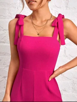 Womens Jumpsuit Tie Shoulder Wide Leg Cami Jumpsuit Zipper High Waist Casual Romper
- Pink, L