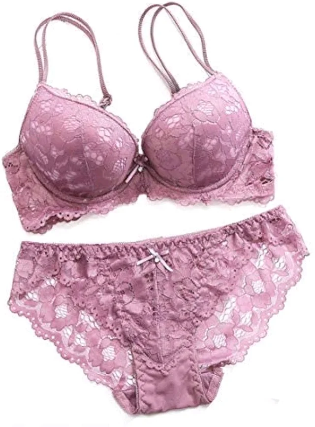 Premium Women's Padded Bra Penty Set | Net Fabric Padded Underwire Undergarments Set Lingerie | Push-Up Underbody Polyamide Set for Women - Purple, 32A