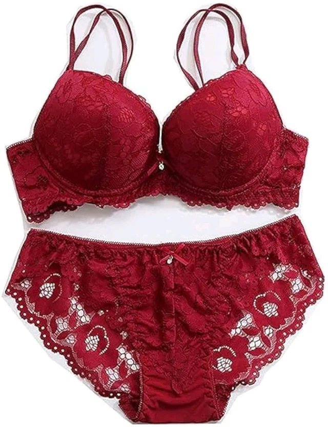 Premium Women's Padded Bra Penty Set | Net Fabric Padded Underwire Undergarments Set Lingerie | Push-Up Underbody Polyamide Set for Women - Maroon, 30A
