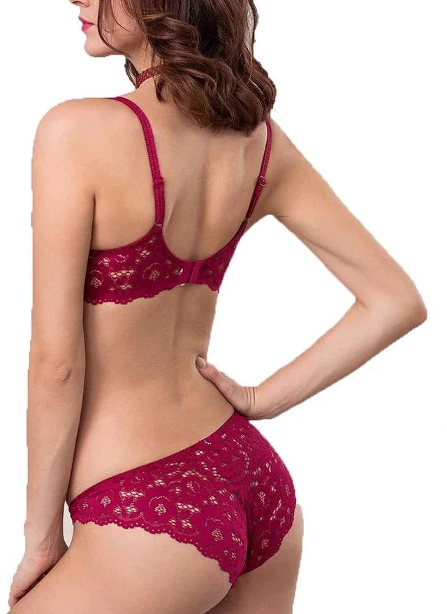 Premium Women's Padded Bra Penty Set | Net Fabric Padded Underwire Undergarments Set Lingerie | Push-Up Underbody Polyamide Set for Women - Maroon, 36A