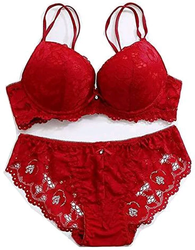 Premium Women's Padded Bra Penty Set | Net Fabric Padded Underwire Undergarments Set Lingerie | Push-Up Underbody Polyamide Set for Women - Red, 28A