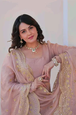 Shiny Dark Beige Designer Fendi Chiffon Gown With Embroidery Work Dupatta
- Rosy Brown, L