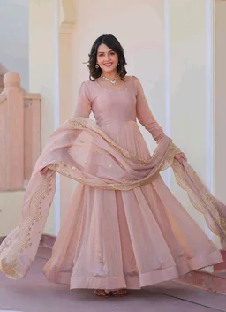 Shiny Dark Beige Designer Fendi Chiffon Gown With Embroidery Work Dupatta
- Rosy Brown, L