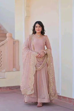 Shiny Dark Beige Designer Fendi Chiffon Gown With Embroidery Work Dupatta
- Rosy Brown, L