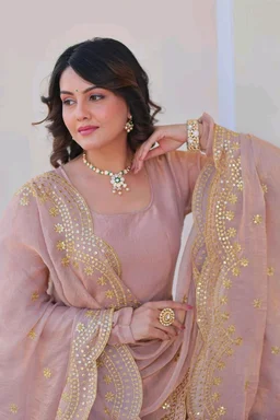 Shiny Dark Beige Designer Fendi Chiffon Gown With Embroidery Work Dupatta
- Rosy Brown, L