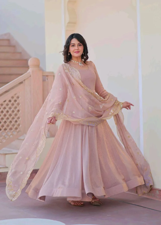 Shiny Dark Beige Designer Fendi Chiffon Gown With Embroidery Work Dupatta
- Rosy Brown, XXL