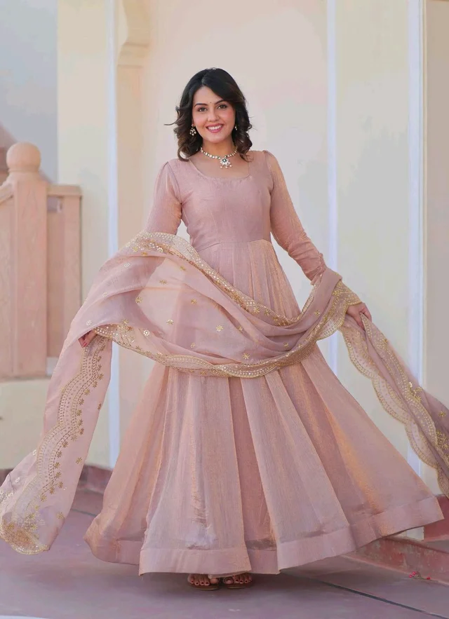 Shiny Dark Beige Designer Fendi Chiffon Gown With Embroidery Work Dupatta
- Rosy Brown, XXL