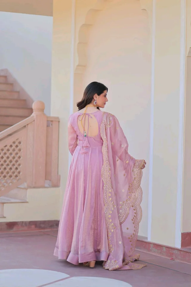 Shiny Dark Beige Designer Fendi Chiffon Gown With Embroidery Work Dupatta
- purple dargon, L