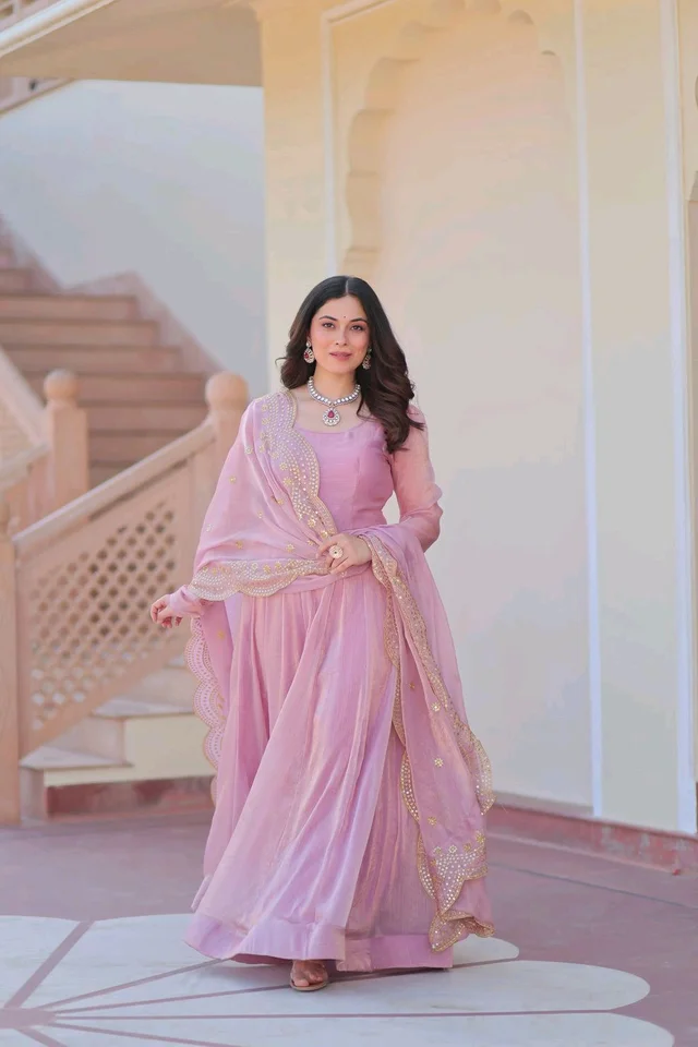 Shiny Dark Beige Designer Fendi Chiffon Gown With Embroidery Work Dupatta
- purple dargon, M