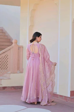 Shiny Dark Beige Designer Fendi Chiffon Gown With Embroidery Work Dupatta
- purple dargon, M