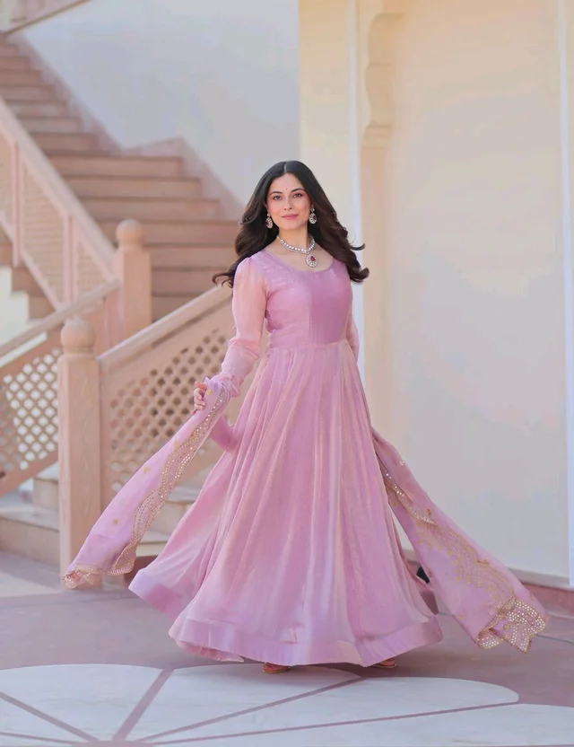 Shiny Dark Beige Designer Fendi Chiffon Gown With Embroidery Work Dupatta
- purple dargon, XL