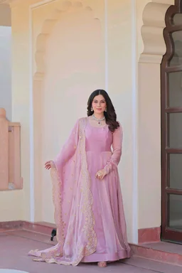 Shiny Dark Beige Designer Fendi Chiffon Gown With Embroidery Work Dupatta
- purple dargon, XL