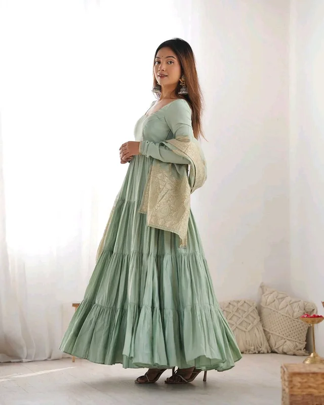 Pista Silk Gown With Jacquard Banarasi Dupatta - Norway, L
