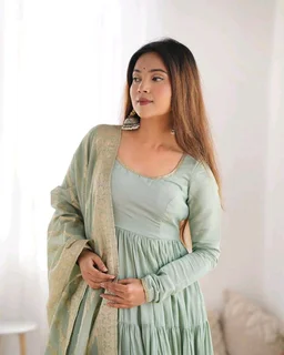 Pista Silk Gown With Jacquard Banarasi Dupatta - Norway, M