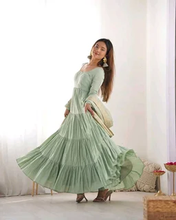 Pista Silk Gown With Jacquard Banarasi Dupatta - Norway, M