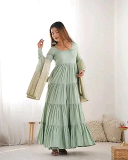Pista Silk Gown With Jacquard Banarasi Dupatta - Norway, M