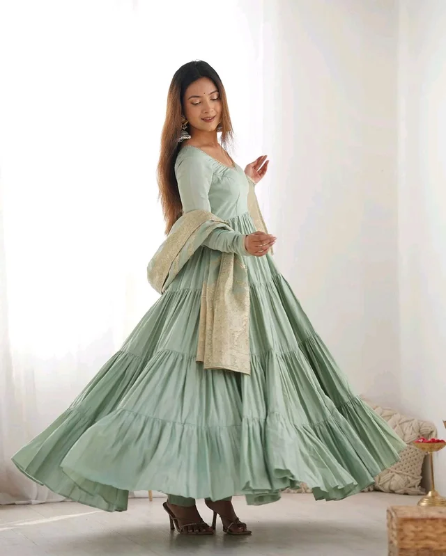 Pista Silk Gown With Jacquard Banarasi Dupatta - Norway, XS
