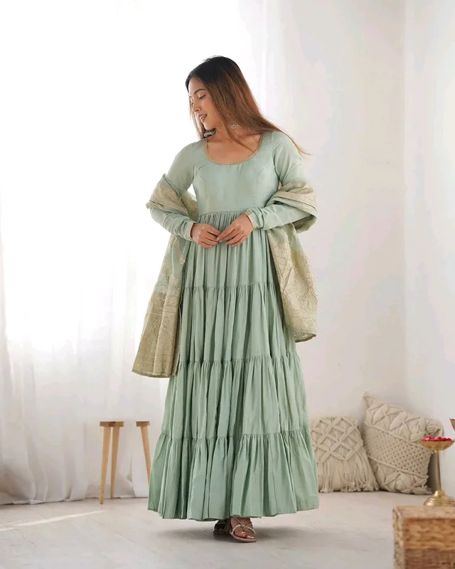 Pista Silk Gown With Jacquard Banarasi Dupatta - Norway, XS