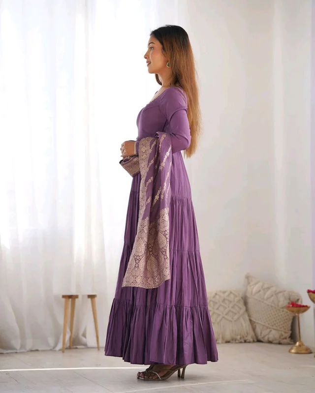 Pista Silk Gown With Jacquard Banarasi Dupatta - plum purple, M