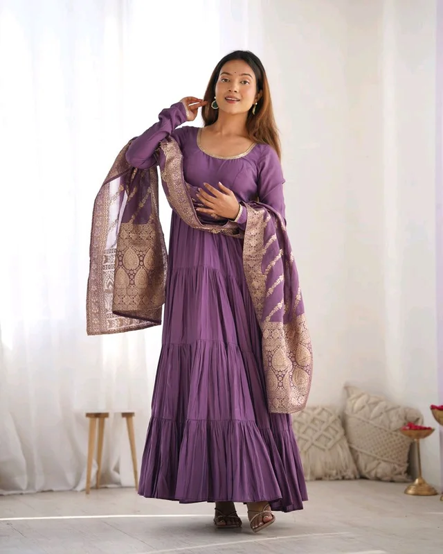 Pista Silk Gown With Jacquard Banarasi Dupatta - plum purple, XS