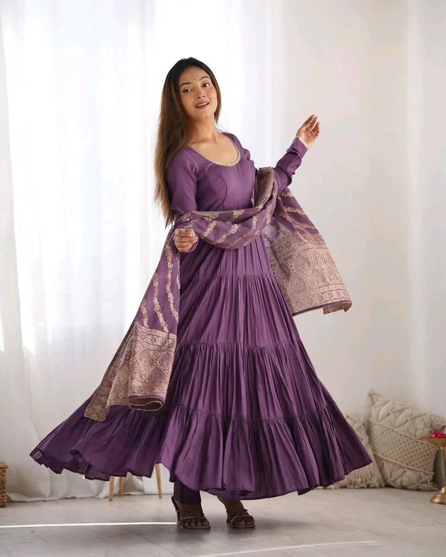 Pista Silk Gown With Jacquard Banarasi Dupatta - plum purple, XS