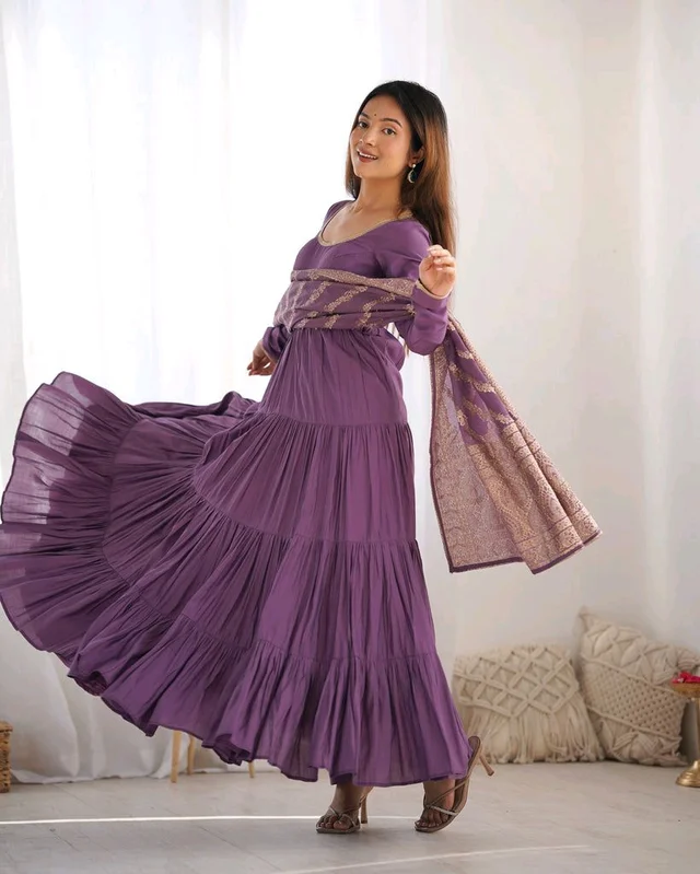 Pista Silk Gown With Jacquard Banarasi Dupatta - plum purple, XS
