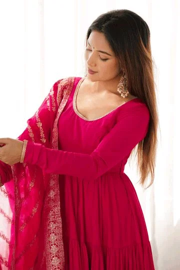 Pista Silk Gown With Jacquard Banarasi Dupatta - Lipstick Red, L